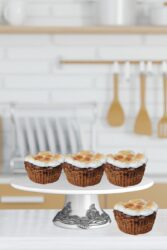 Smores Brownie Cupcakes on a white cake stand