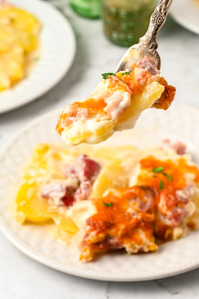 Scalloped Potatoes and Ham on a white plate