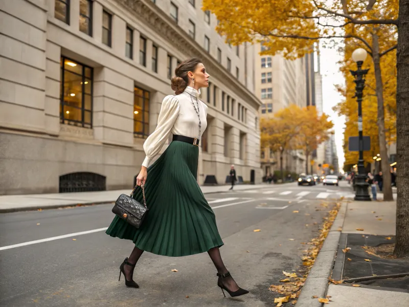 Ankle-Strap Pumps With Pleated Skirt & Vintage Blouse