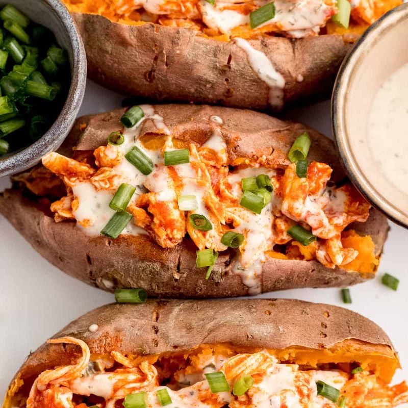 Buffalo Chicken Stuffed Sweet Potatoes