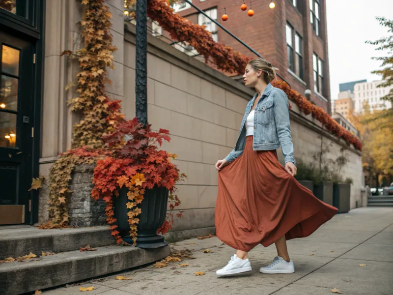 Cropped Denim Jacket + Maxi Skirt + Sneakers