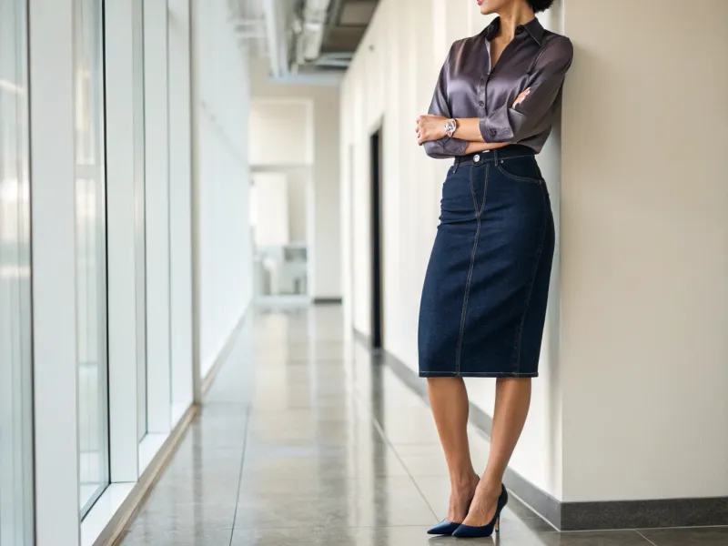 Dark Denim Pencil Skirt + Silk Blouse + Heels