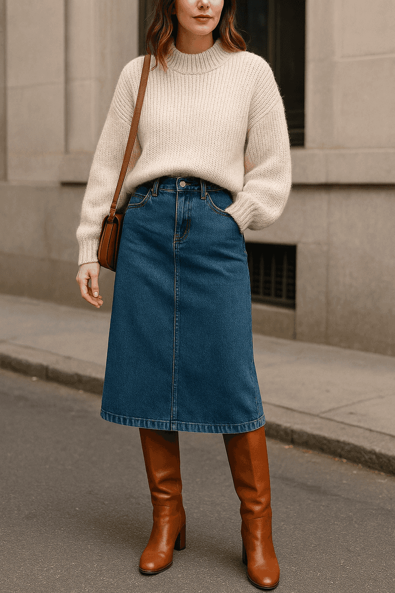 Denim Midi Skirt + Chunky Sweater + Knee-High Boots