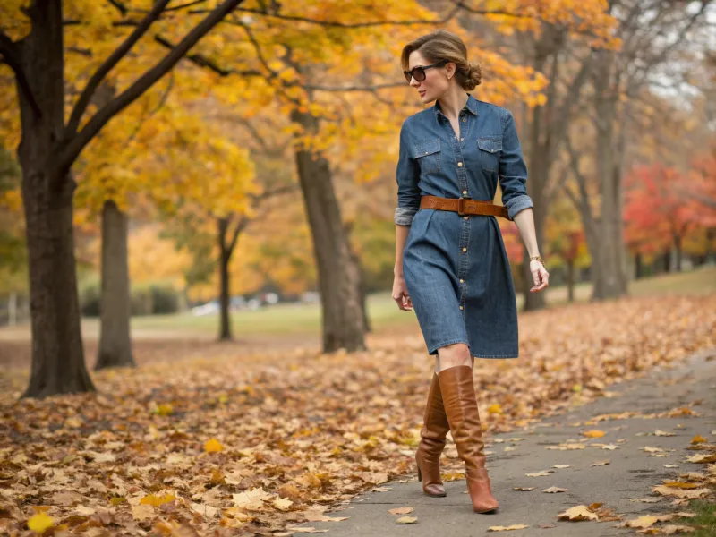 Denim Shirtdress + Belt + Tall Leather Boots