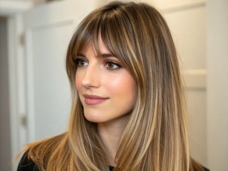 Face-Framing Layers with Long Curtain Bangs