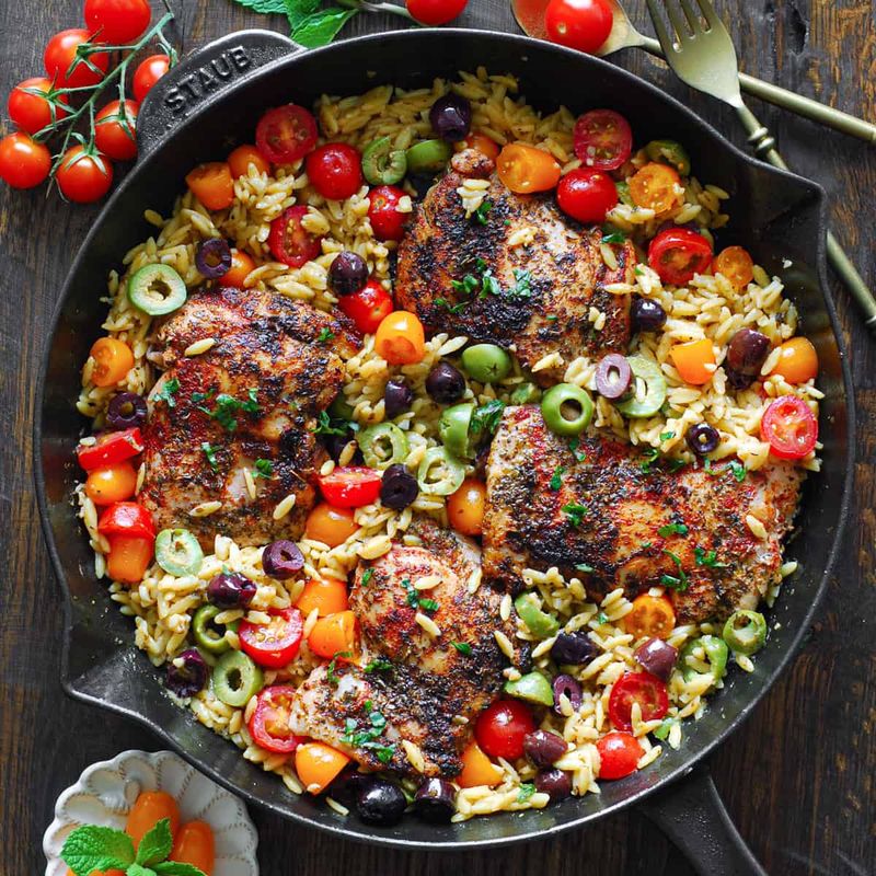 Greek Chicken Orzo Skillet