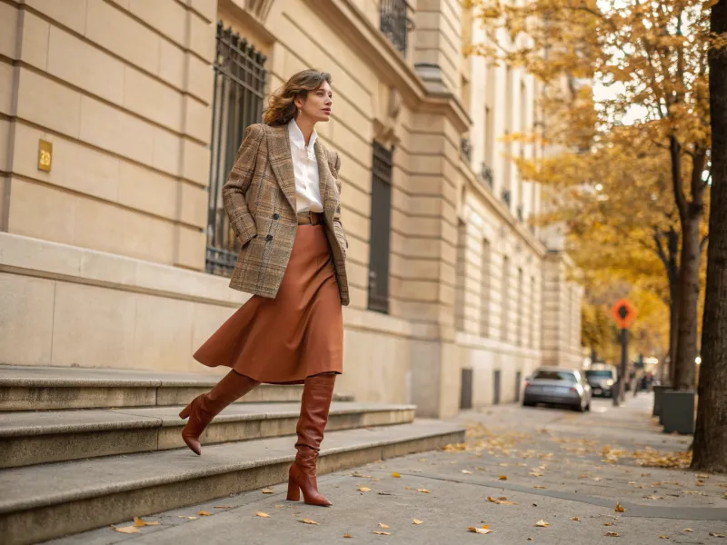Knee-High Boots With Midi Skirt & Tailored Blazer