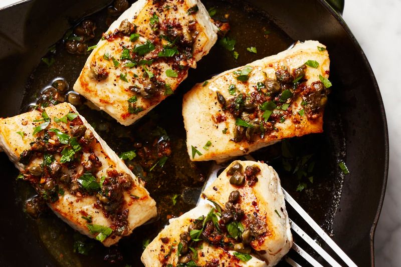 Pan-Seared Halibut Cheeks with Lemon Caper Sauce