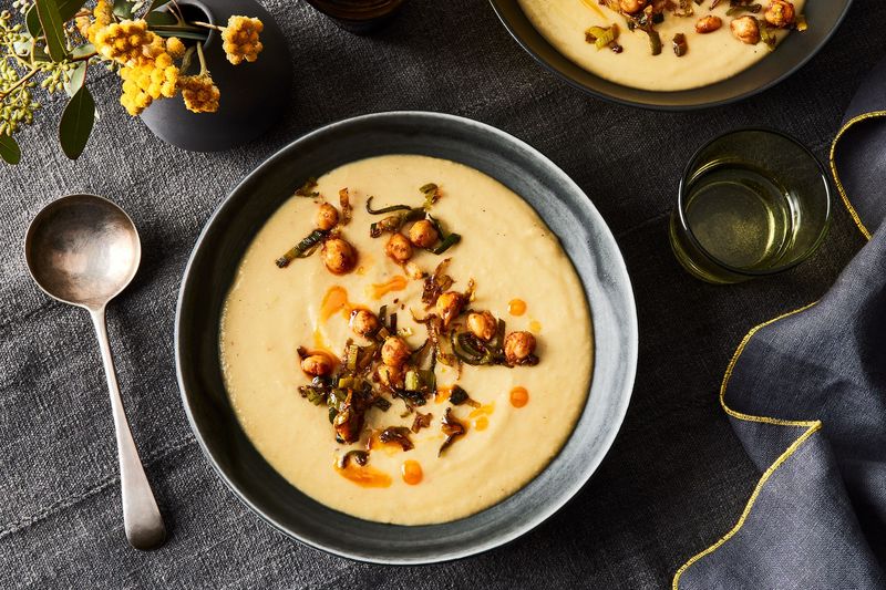 Potato Leek Soup with Crispy Chickpeas