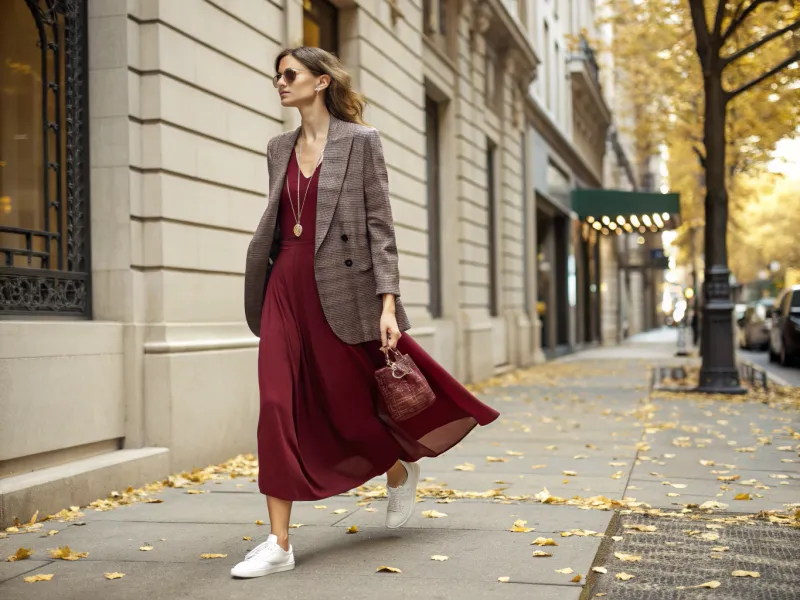 Sleek Sneakers With Blazer & Midi Dress