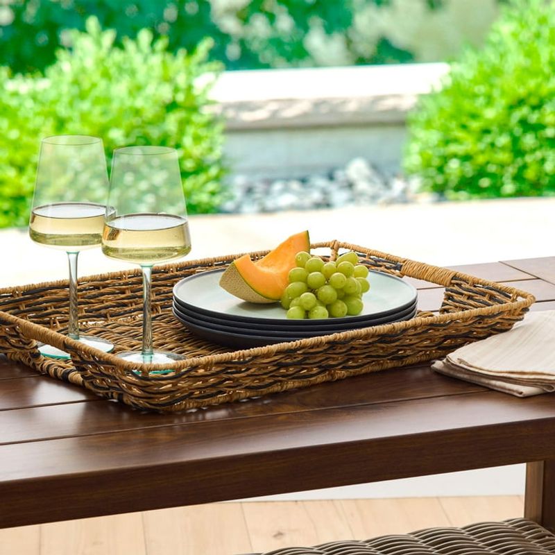 Beige & Black Resin Rattan Rectangular Serving Tray
