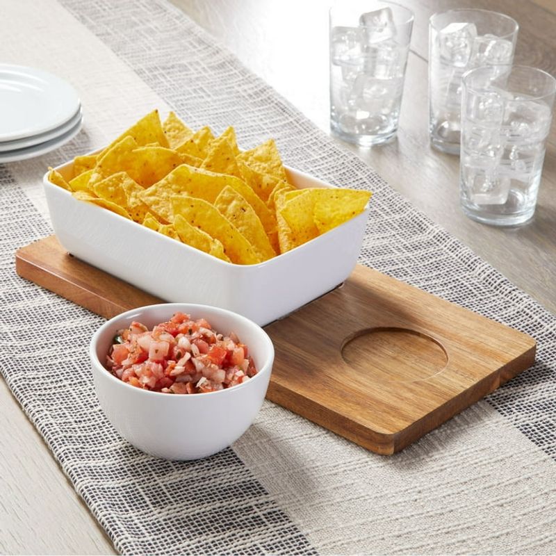 Ceramic Chip & Dip Bowl with Acacia Tray