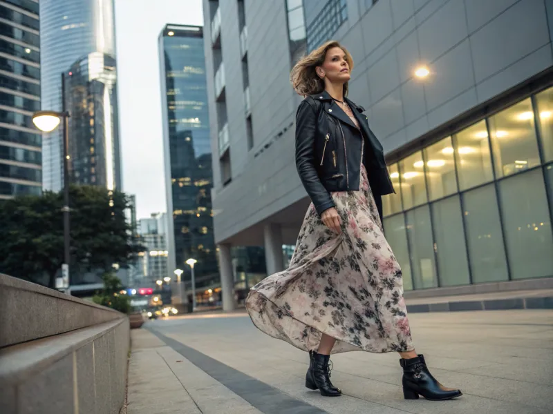 Leather Jacket and Feminine Dress