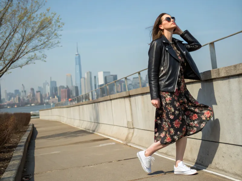 Leather Jacket with Feminine Dress