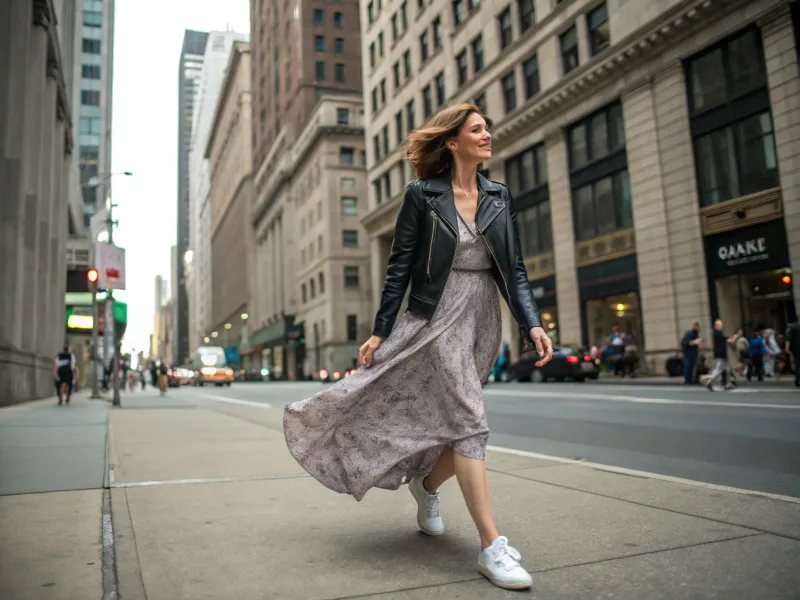 Midi Dress + Leather Jacket + Sneakers