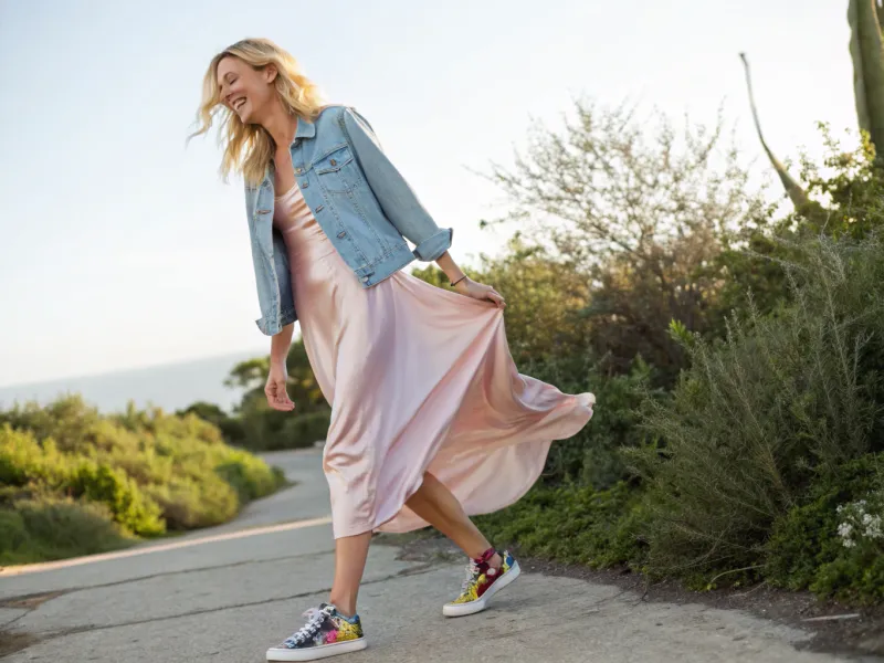 Midi Slip Dress with Denim Jacket