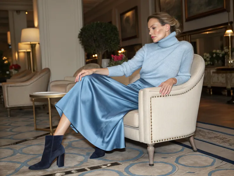 Turtleneck + Slip Skirt + Ankle Boots