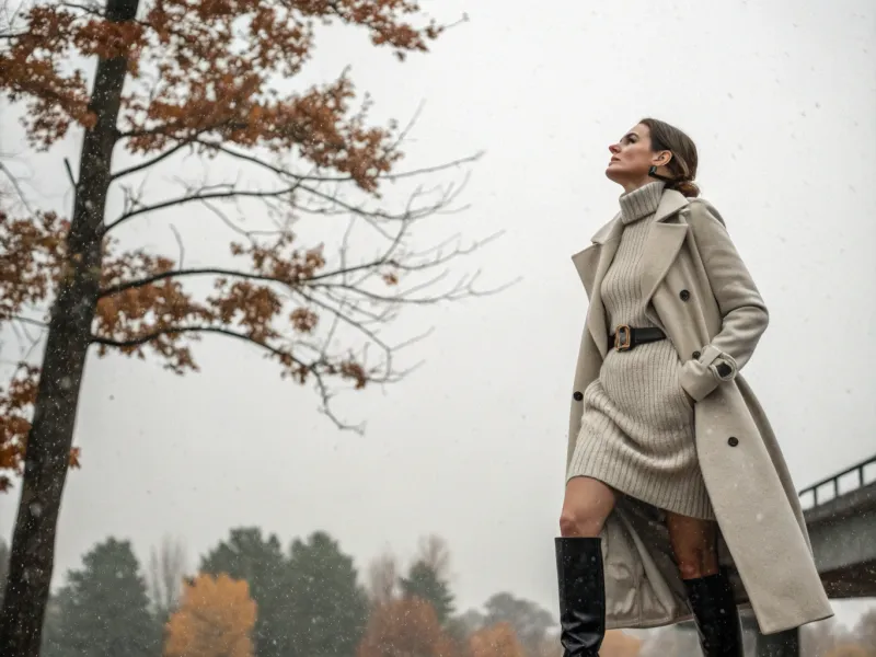 Belted Wool Coat + Knit Dress + Knee-High Waterproof Boots