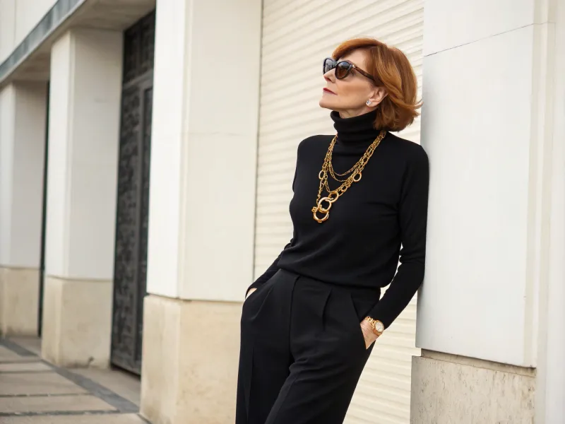 Black Turtleneck with Black Trousers and Statement Jewelry