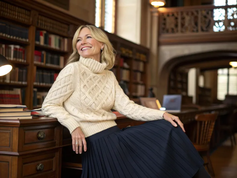 Cable Knit Sweater and Pleated Midi Skirt