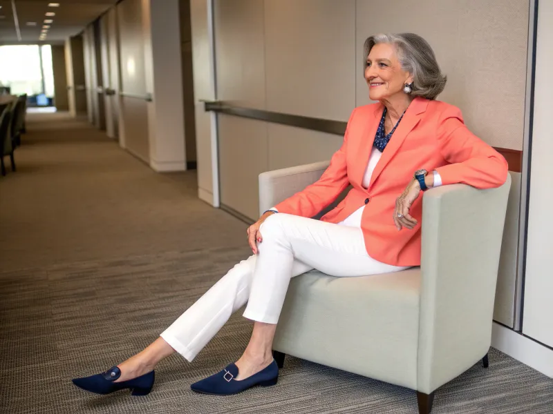 Coral Blazer with White Trousers and Navy Accents