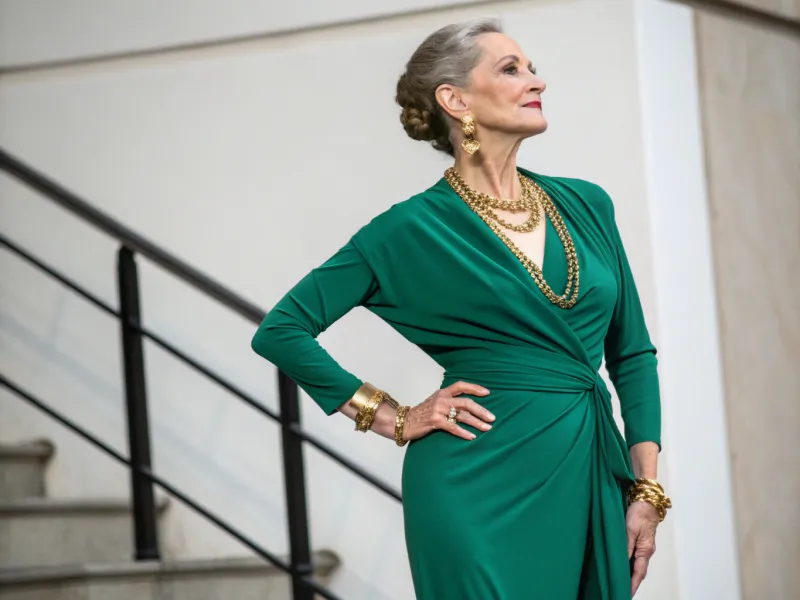 Emerald Green Wrap Dress with Gold Accessories