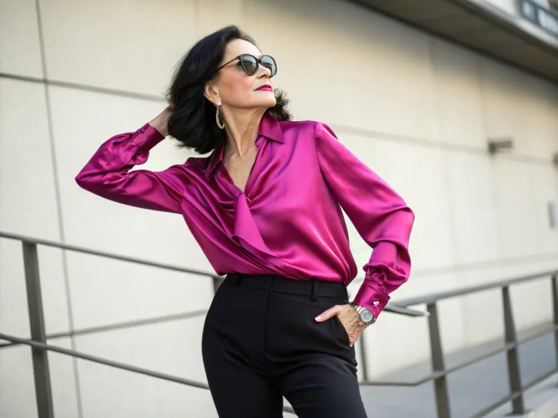 Fuchsia Silk Shirt with Black Cigarette Pants