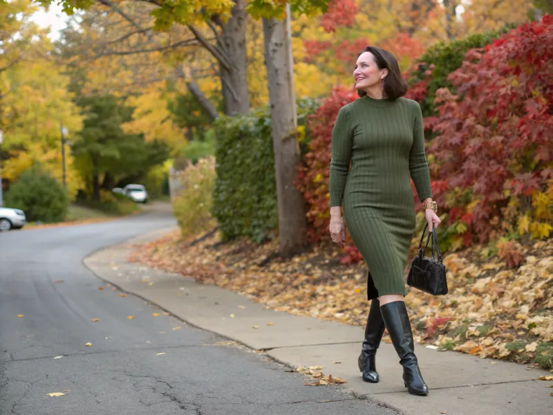 Knit Midi Dress with Knee-High Boots