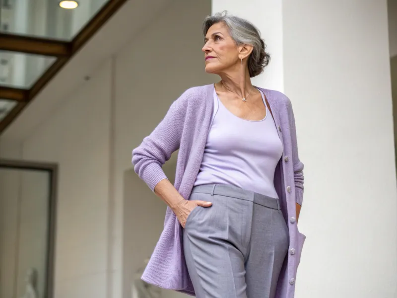 Lavender Cardigan Set with Tailored Gray Pants