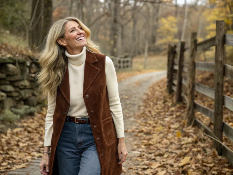 Layered Suede Vest Over Long Sleeves