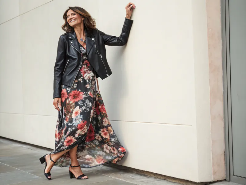 Leather Jacket with Flowing Dress