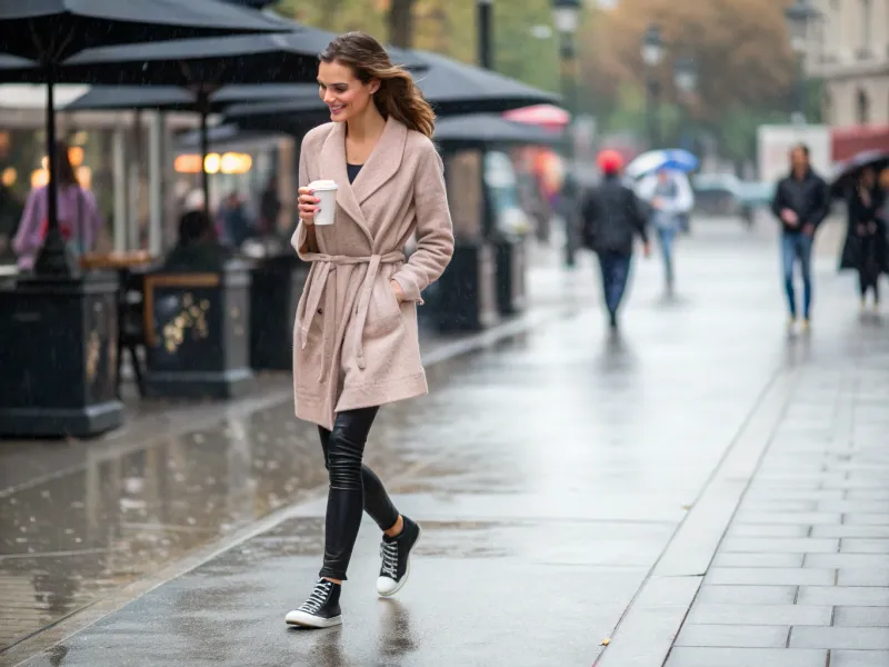 Longline Cardigan + Belted Raincoat + Leggings + High-Top Sneakers