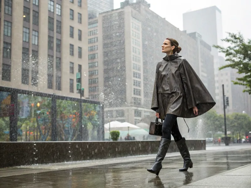 Minimalist Rain Poncho + Slim Black Pants + Sleek Rain Boots
