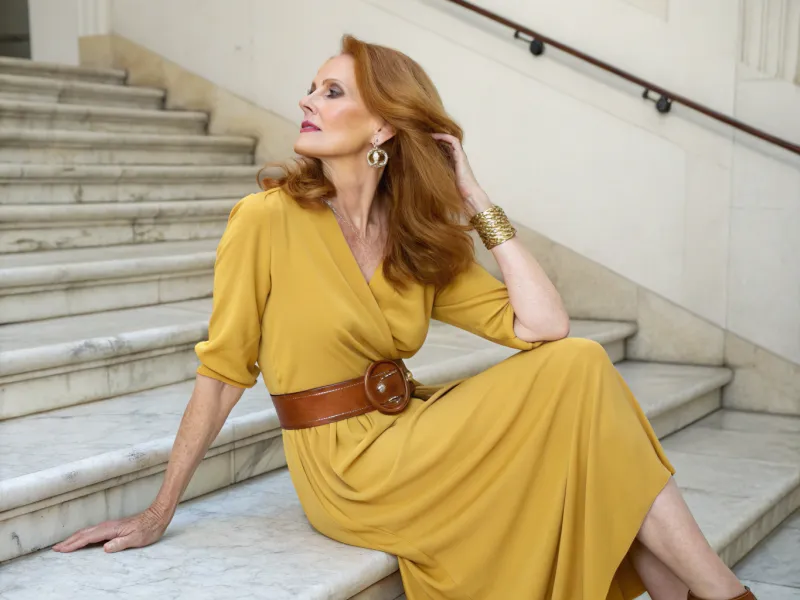 Mustard Yellow Shift Dress with Cognac Leather Details