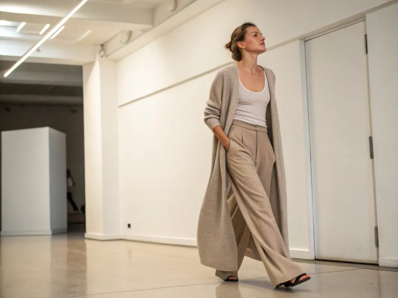 Neutral Cardigan Over a Tank and Trousers