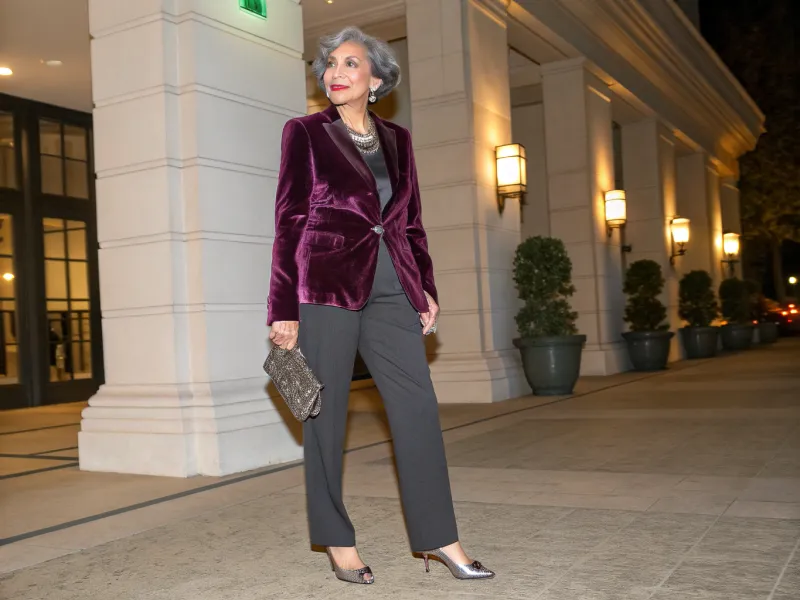 Plum Velvet Blazer with Charcoal and Metallic Touches