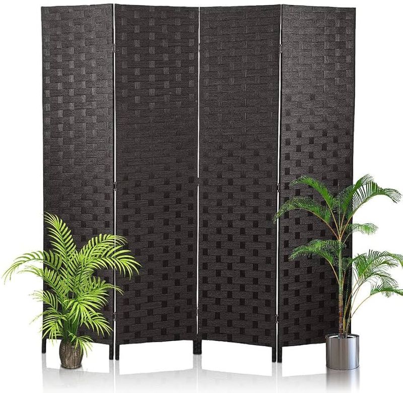 Room Divider Wood Screen 4 Panels Wood Mesh Hand-Woven Design