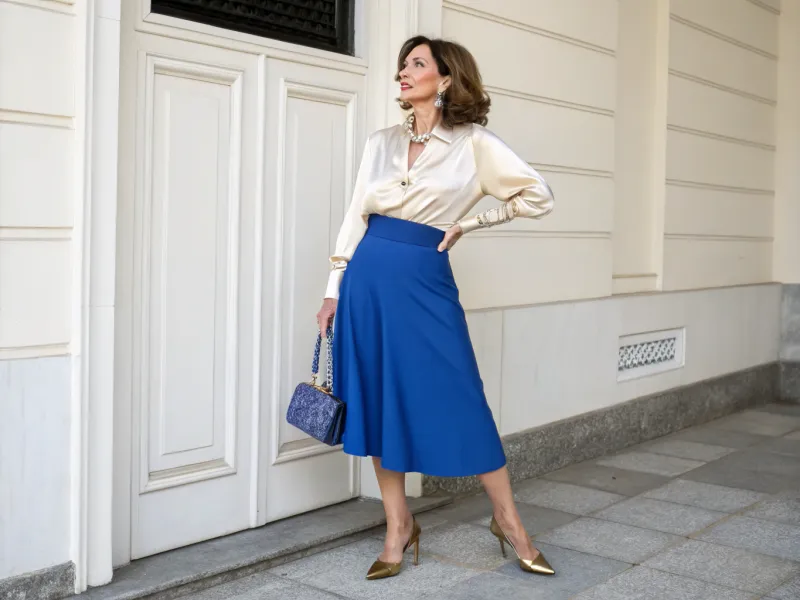 Royal Blue Midi Skirt with Silk Blouse