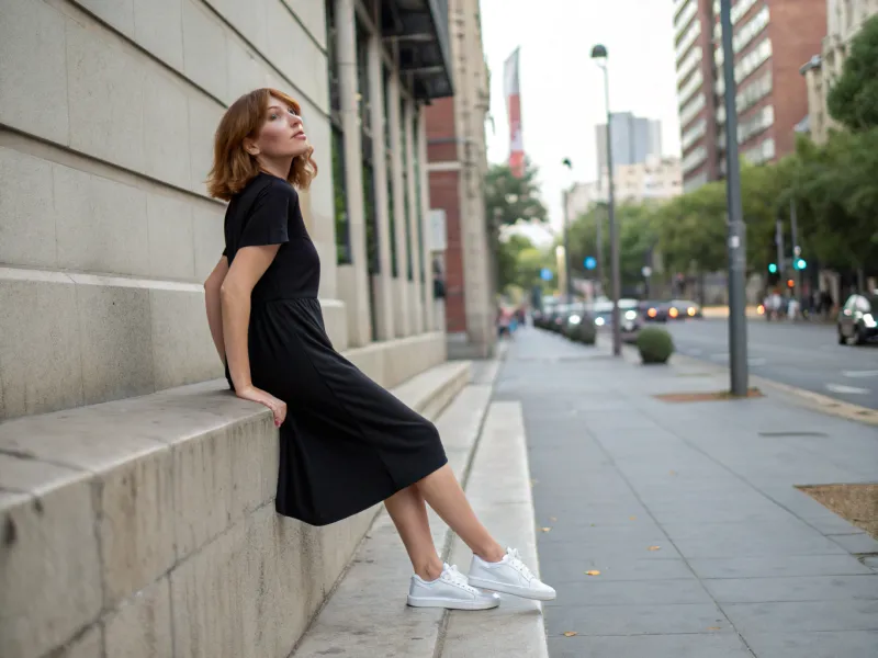 Simple Black Dress with White Sneakers