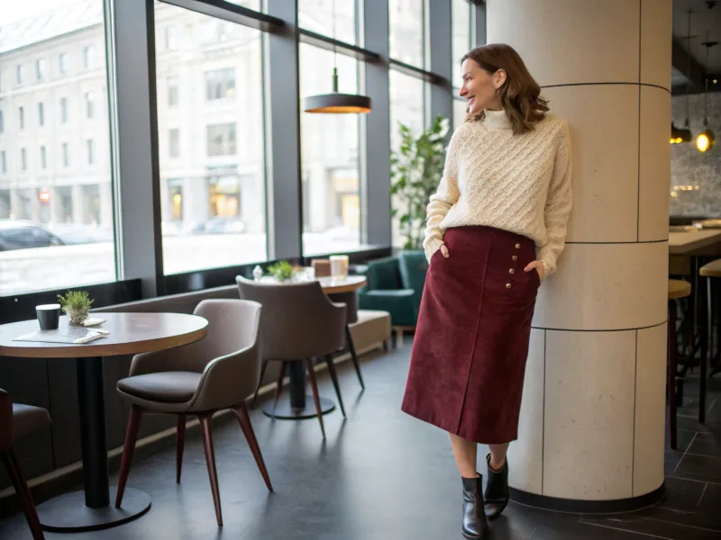 Suede Skirt Paired with Cozy Knits