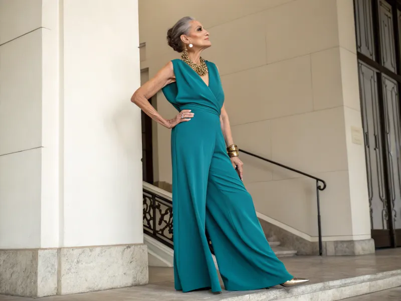 Teal Wide-Leg Jumpsuit with Statement Earrings