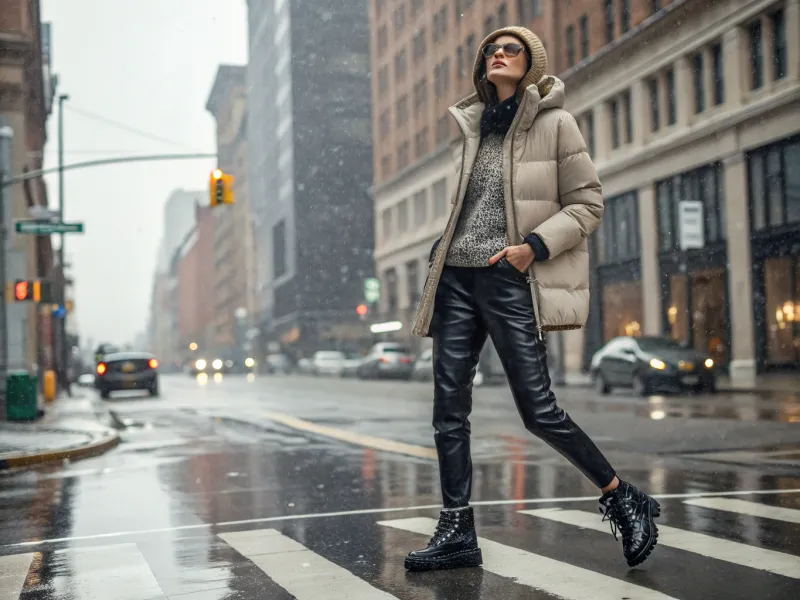 Water-Resistant Puffer + Half-Zip Knit + Faux-Leather Pants + Hiking-Inspired Boots