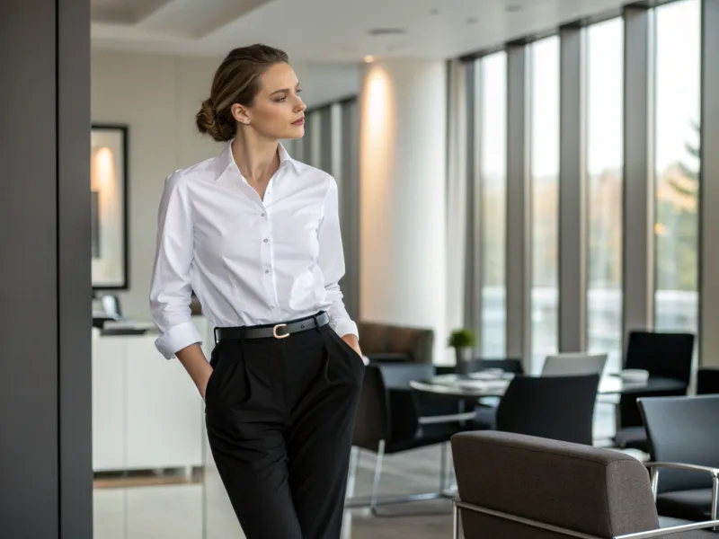 White Button-Down Shirt with Black Trousers