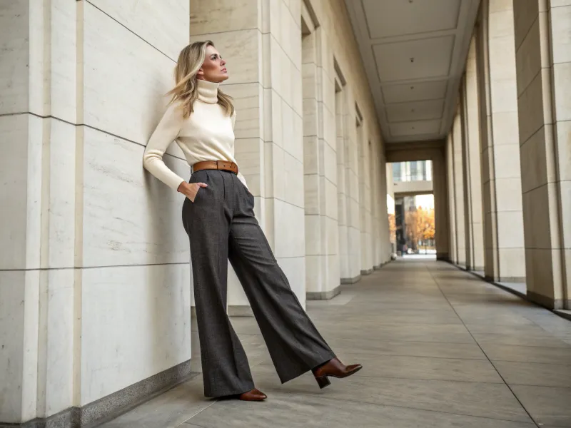 Wide-Leg Pants with a Tucked-In Turtleneck