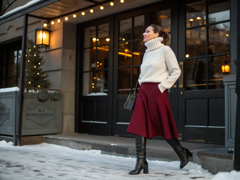 Cashmere Turtleneck + Midi Skirt + Knee-High Boots