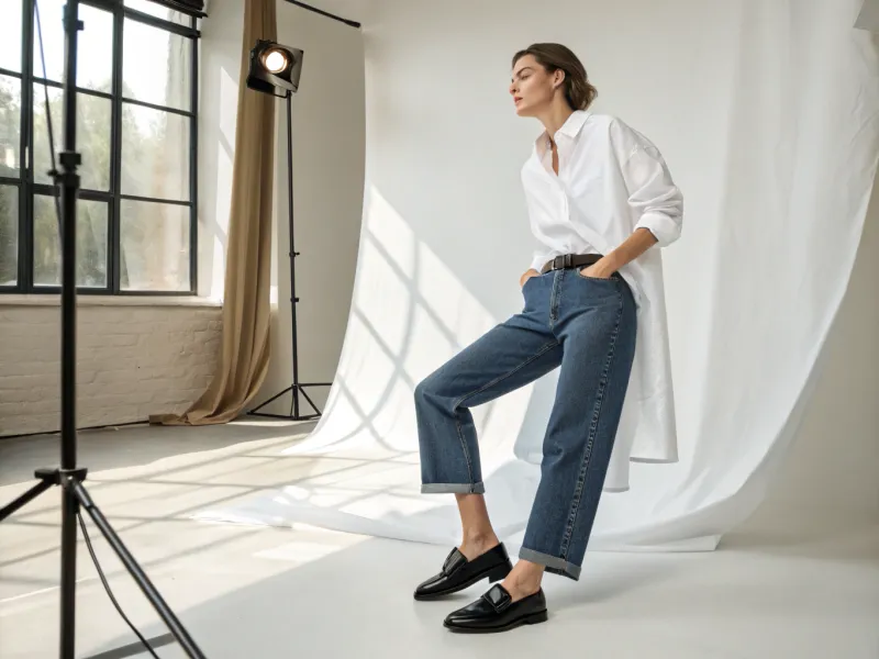 Crisp White Button-Down + Baggy Jeans + Loafers