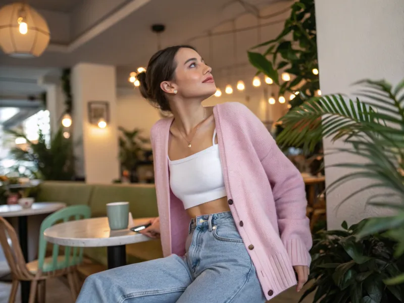 Cropped Cardigan + Baggy High-Waist Jeans