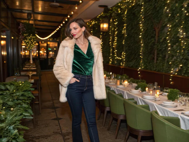 Dark Jeans + Velvet Top + Faux-Fur Jacket