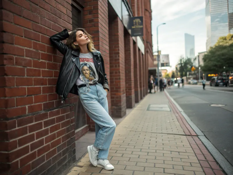Graphic Tee + Baggy Jeans + Moto Jacket