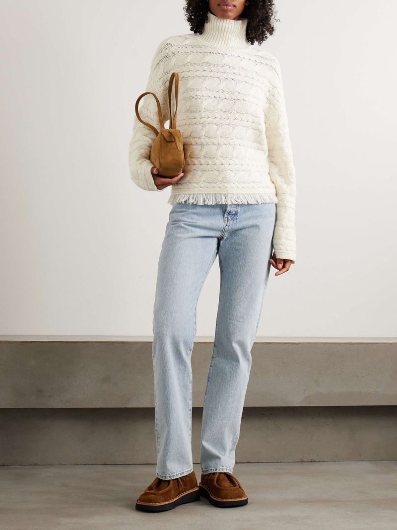 Guest in Residence Frayed Cable-Knit Wool and Cashmere Sweater